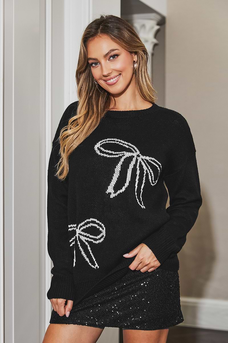 Black Bow Tie Print Long Sleeve Sweater