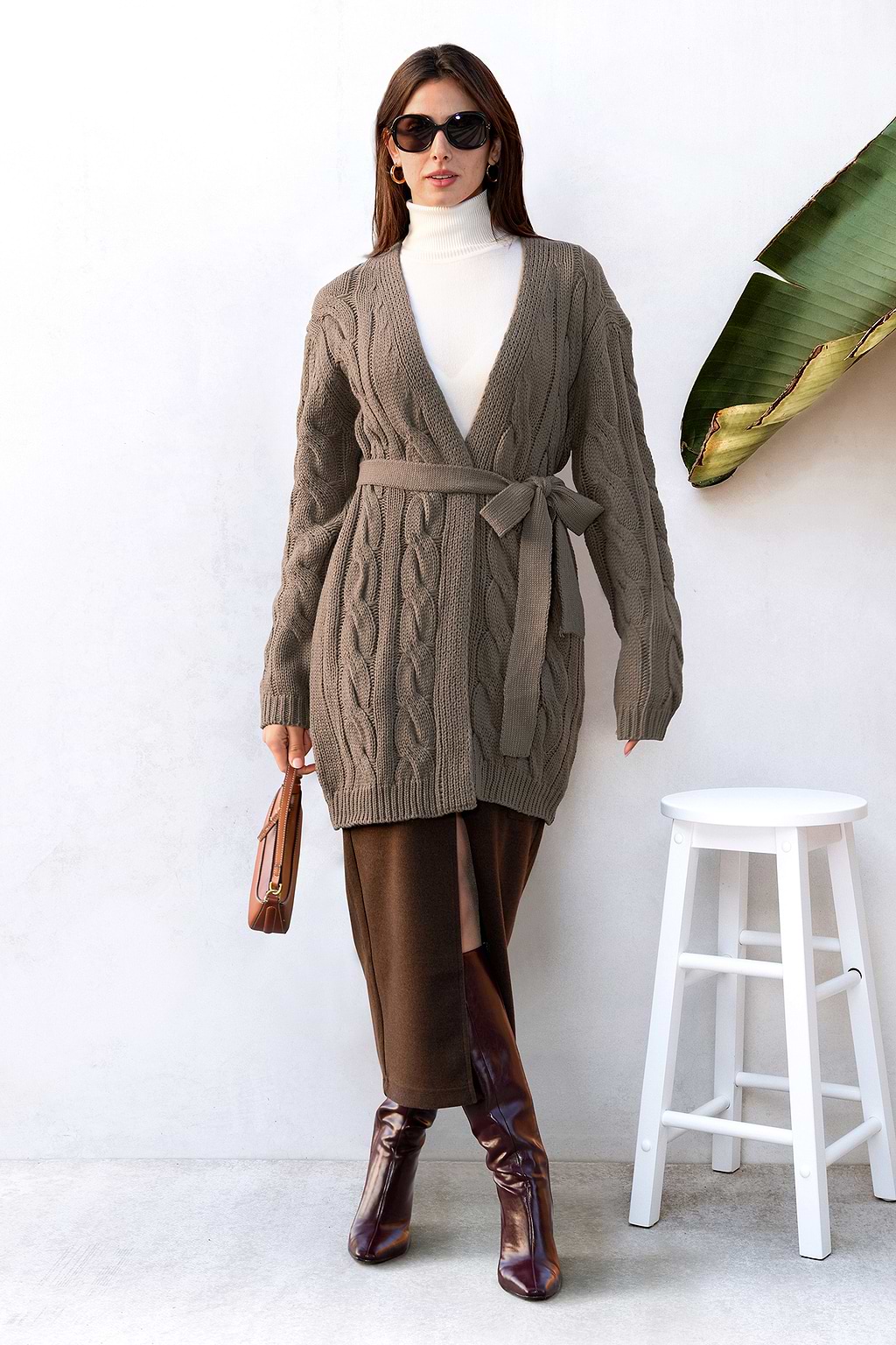 Camel Long Sleeve Belted Knit Cardigan