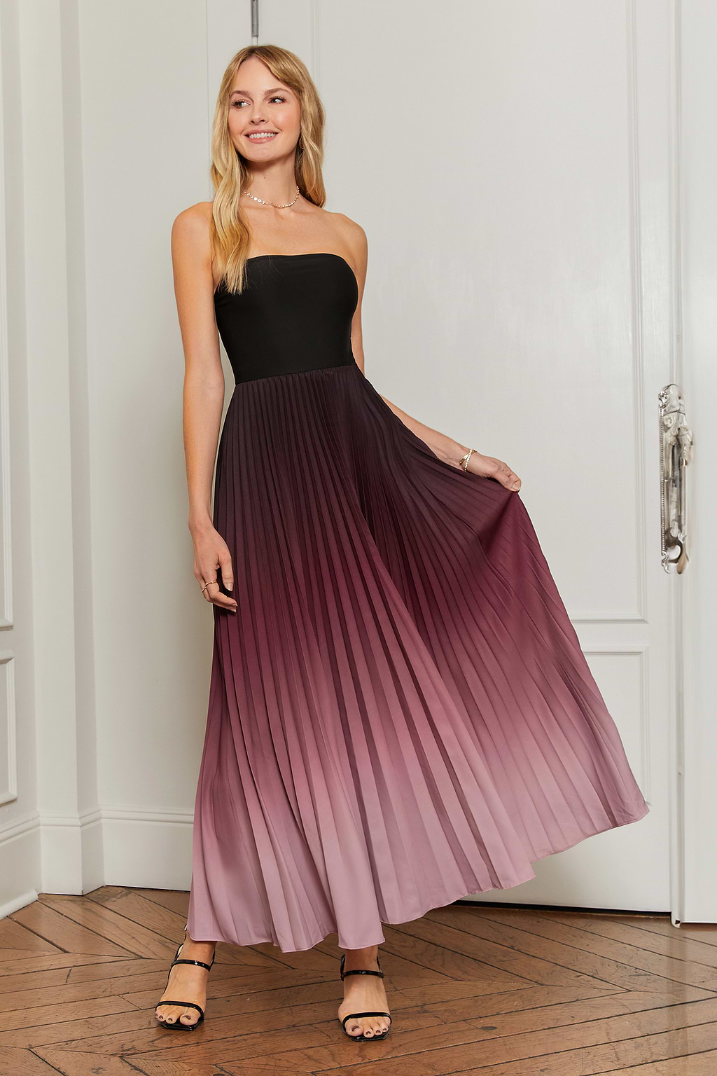 Red Ombre Strapless Pleated Maxi Dress