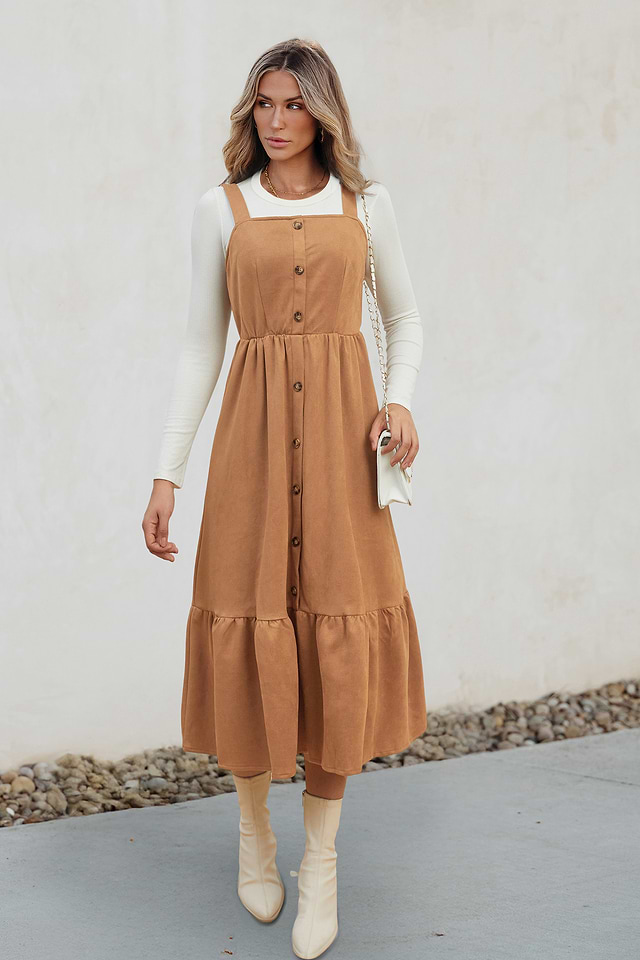 Abito midi senza maniche in finta pelle scamosciata marrone