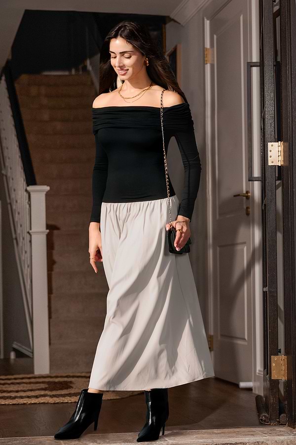 Black Long Sleeve Top Beige Skirt Midi Dress | Chic & Timeless | Cupshe