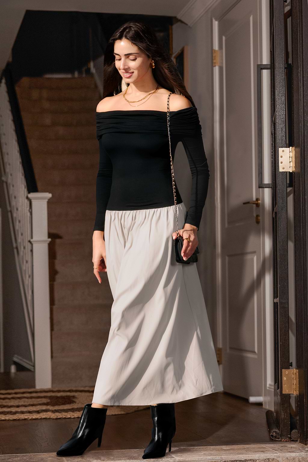 Black Long Sleeve Top Beige Skirt Midi Dress