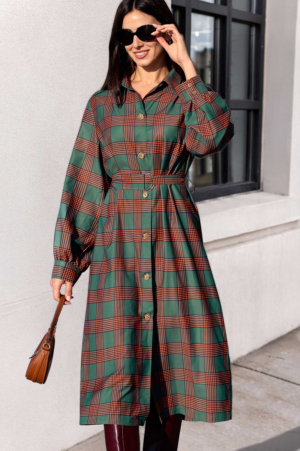 Green & Orange Plaid Collared Long Sleeve Shirt Dress