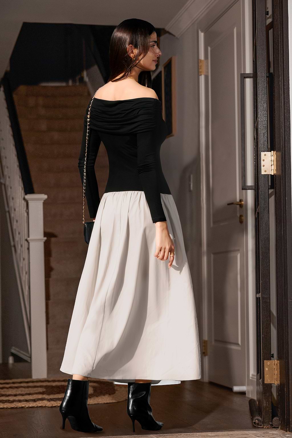 Black Long Sleeve Top Beige Skirt Midi Dress