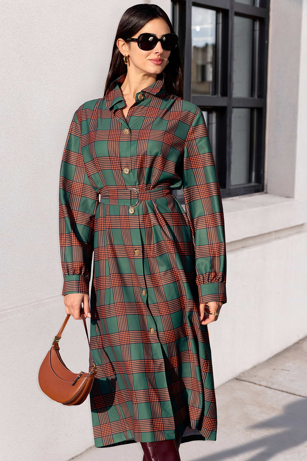 Green & Orange Plaid Collared Long Sleeve Shirt Dress
