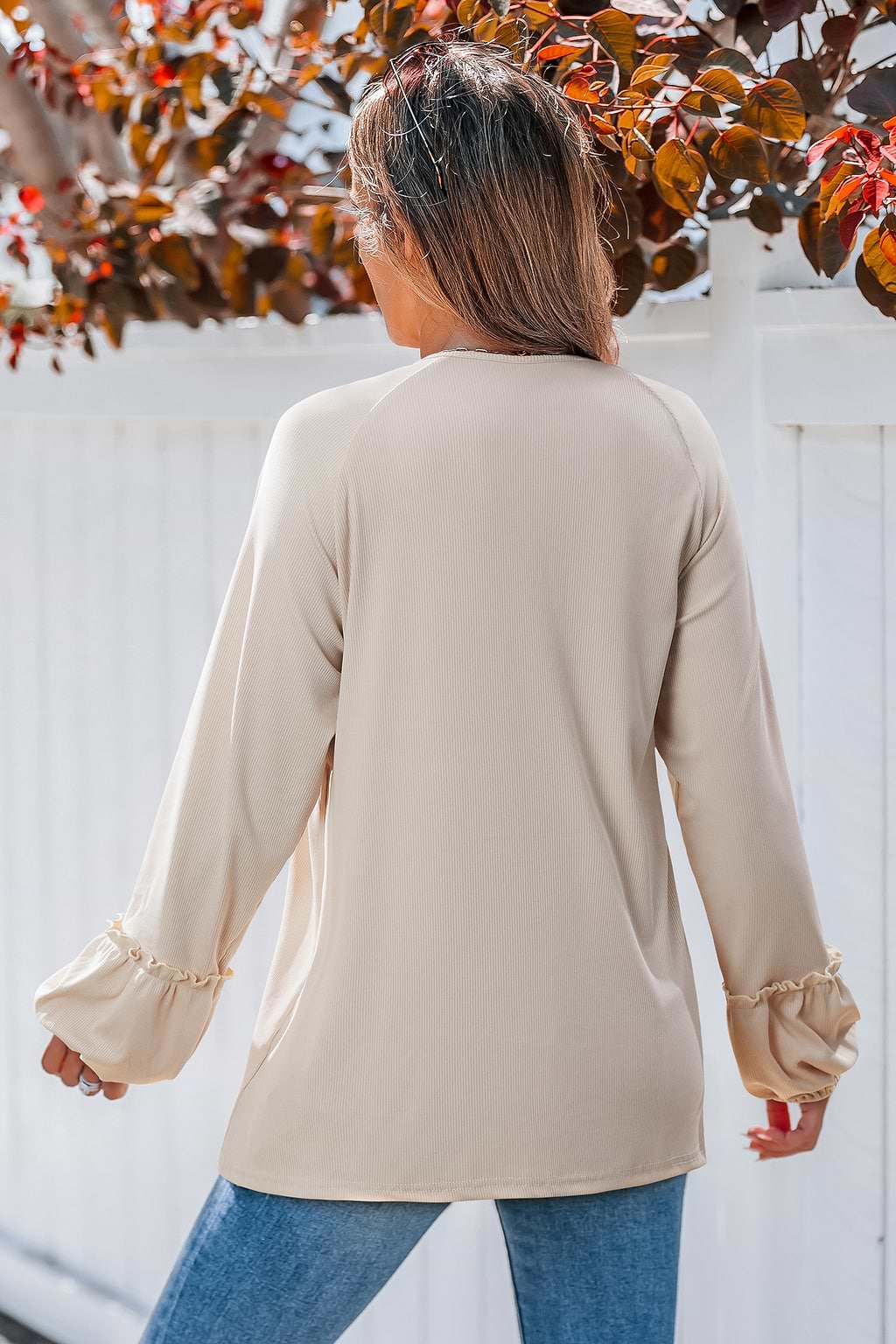 Neutral Split Neck Long Puff Sleeve Top