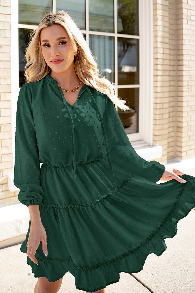 chinese dress ladies Emerald Teal Jacquard Mini Long Sleeve Wrap Dress L main image 0