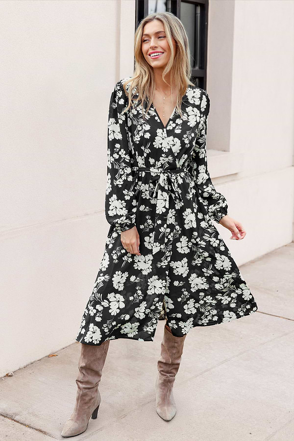 Black & White Floral Puff Sleeve Midi Dress | Chic & Feminine Style | Cupshe