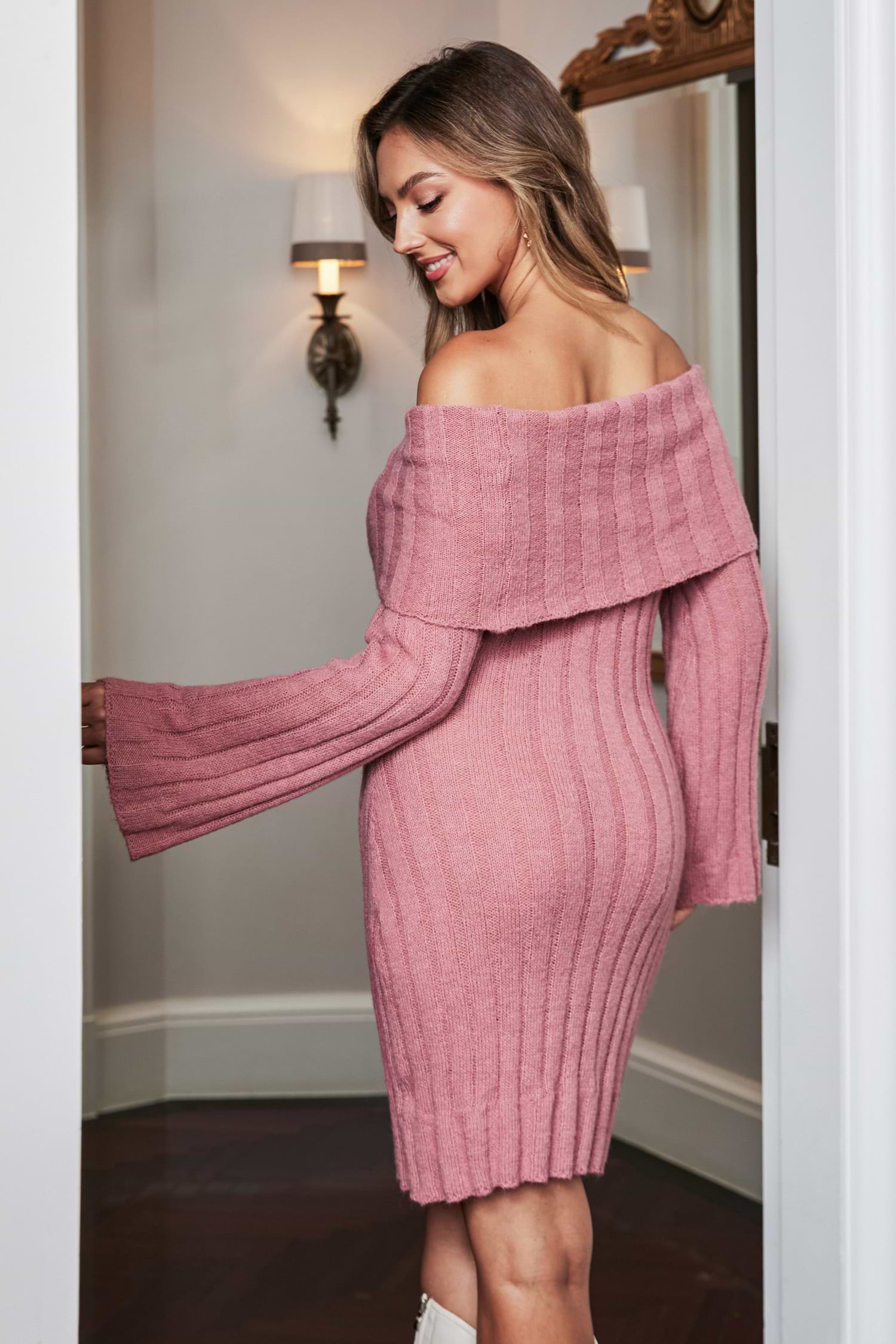 ワンピース Fur Off Shoulder Knit Mini Dress Mimi Pink Long Sleeve Off Shoulder Knit Mini Dress