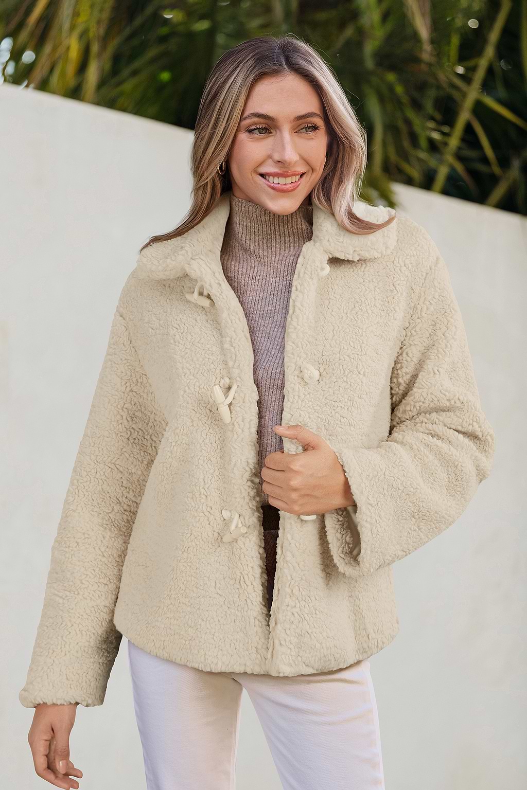 Khaki Toggle Closure Boucle Knit Jacket