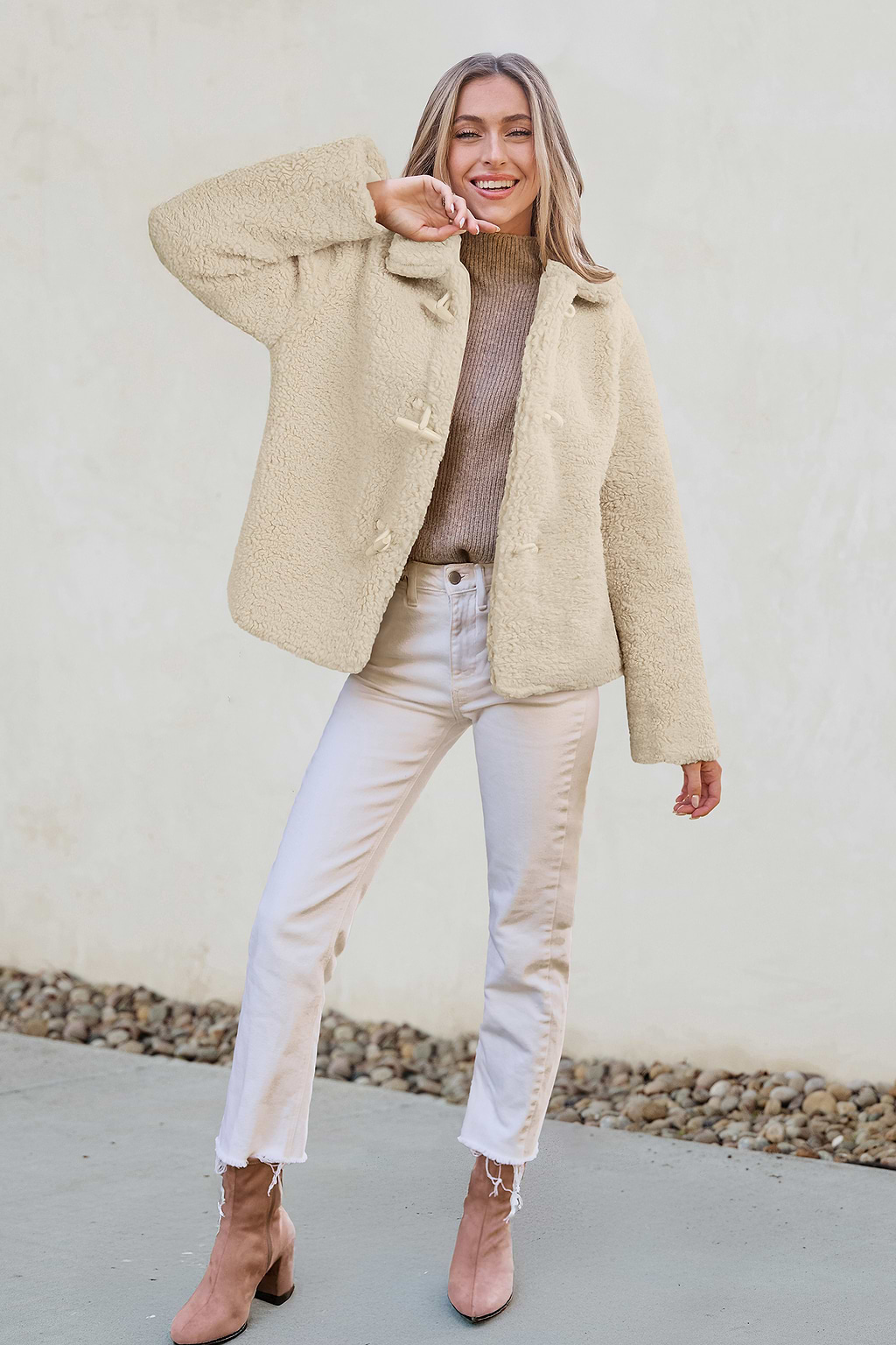 Khaki Toggle Closure Boucle Knit Jacket