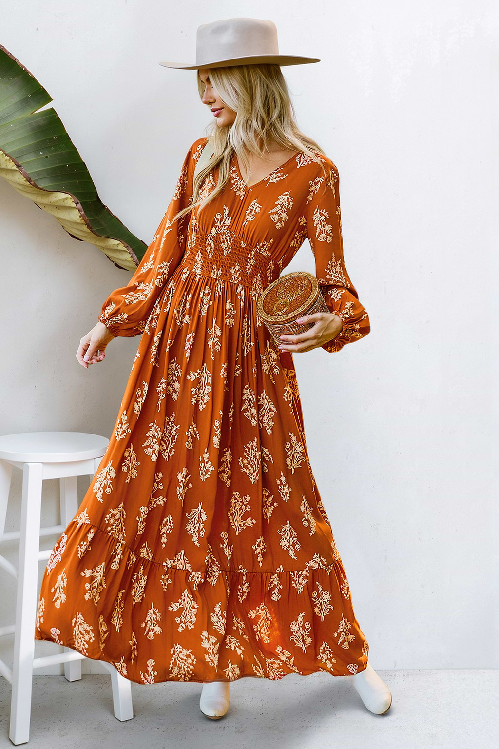 Burnt Orange Floral Blouson Sleeve Smocked Waist Maxi Dress