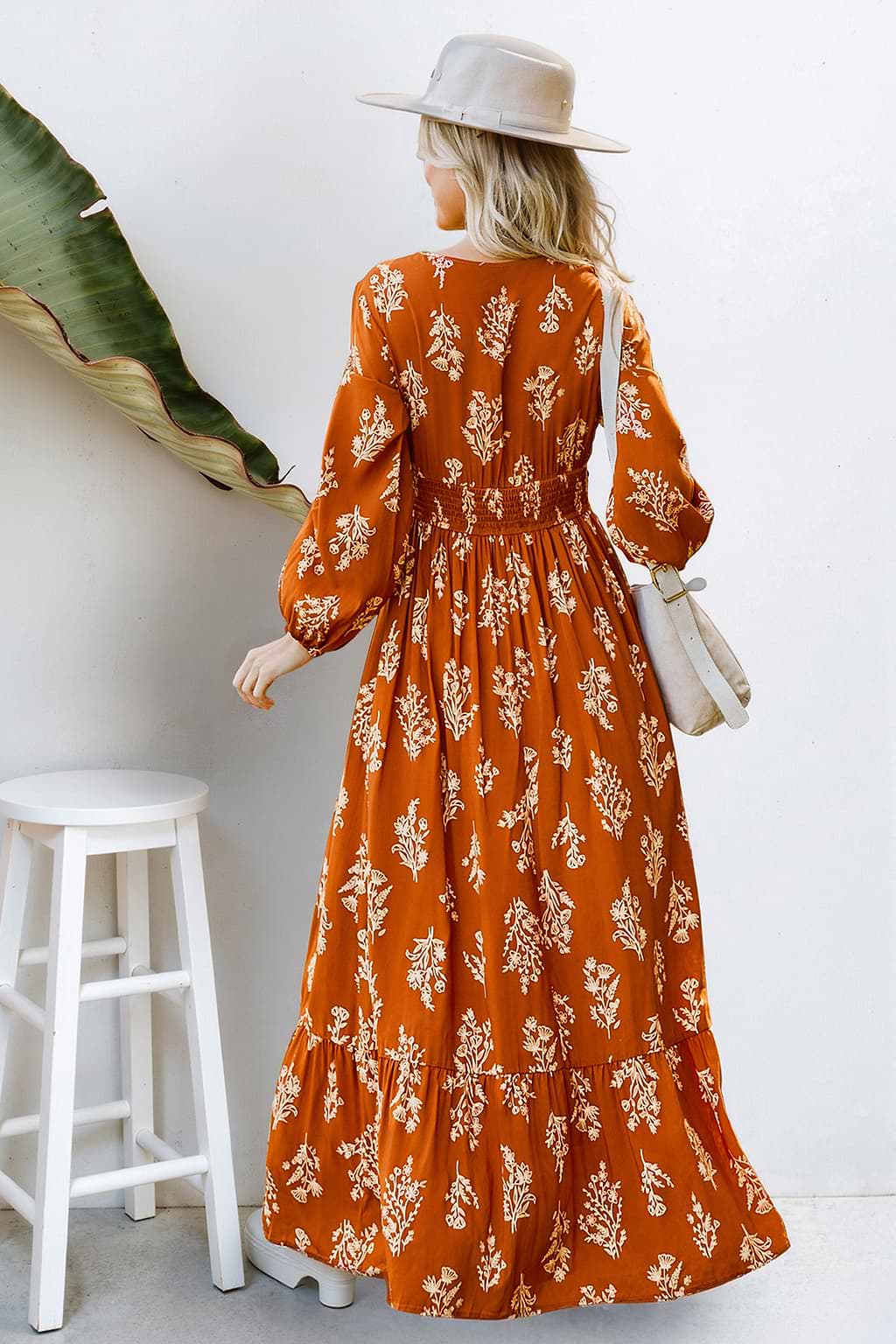 Burnt Orange Floral Blouson Sleeve Smocked Waist Maxi Dress