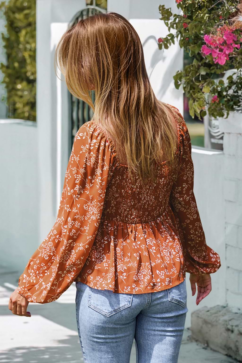 Orange Floral Diamond Neck Puff Sleeve Blouse