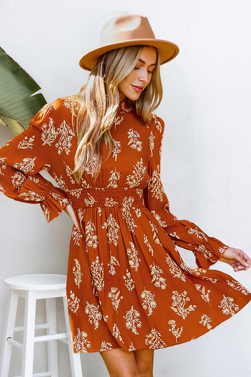 Halloween Burnt Orange Floral Blouson Sleeve Mini Dress