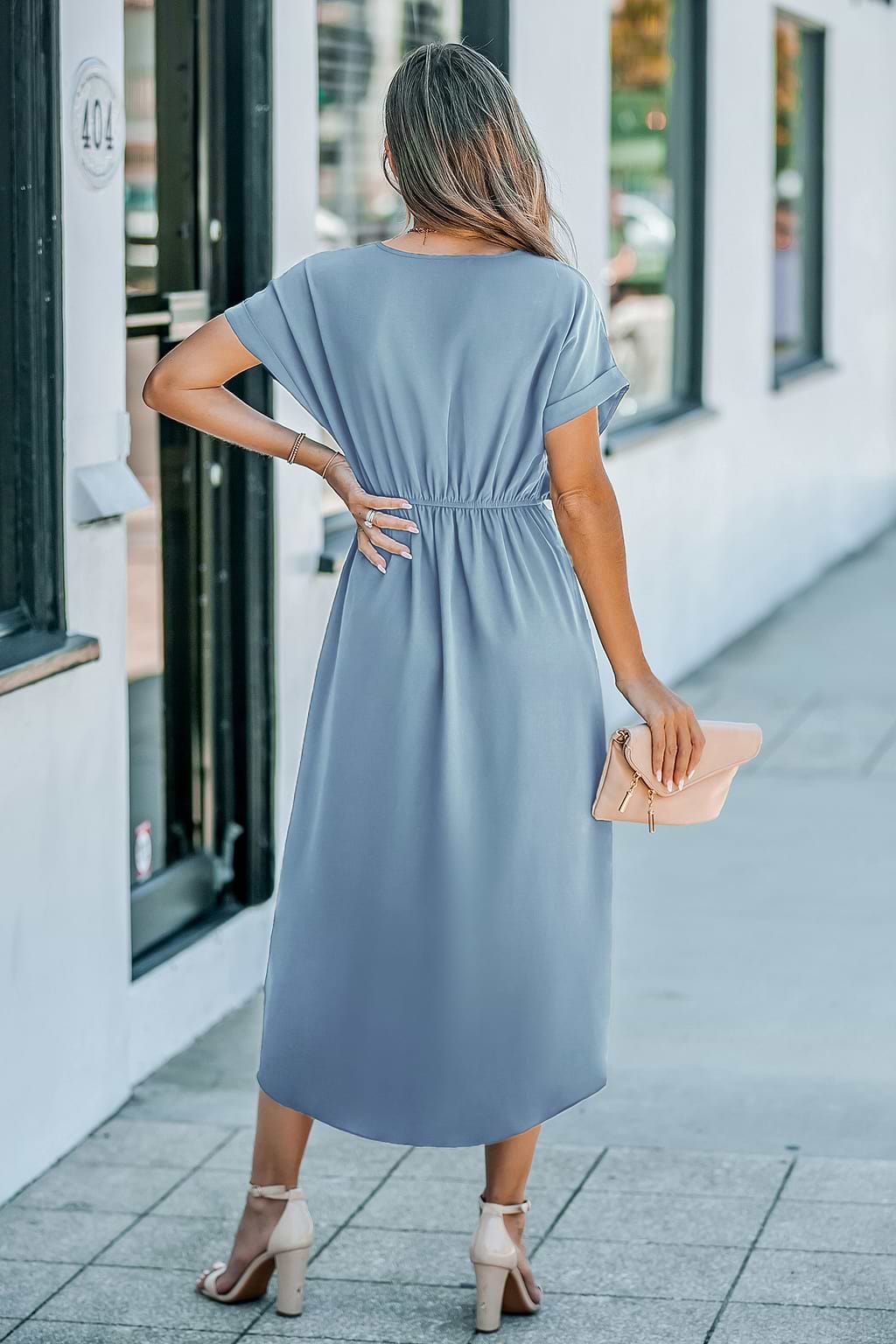 Blue Short Sleeve Tulip Hem Midi Dress