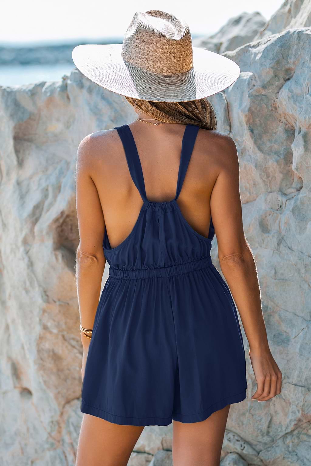 Blue Surplice Sleeveless Loose Leg Cover-Up Romper