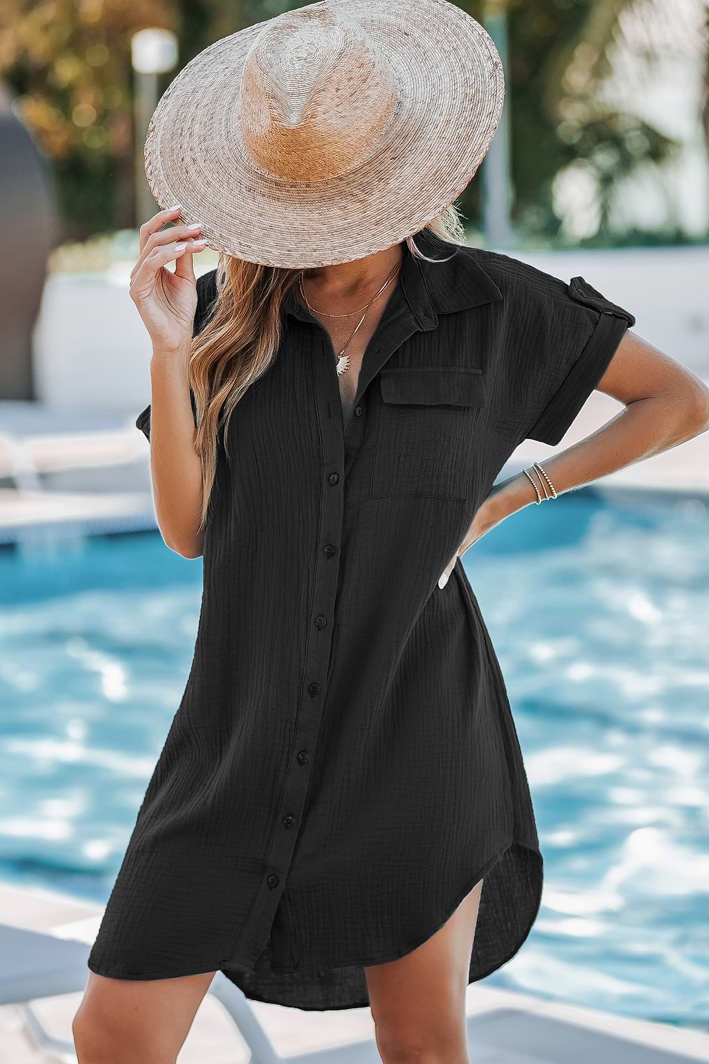 Black Cotton Collared Button-Up Mini Dress