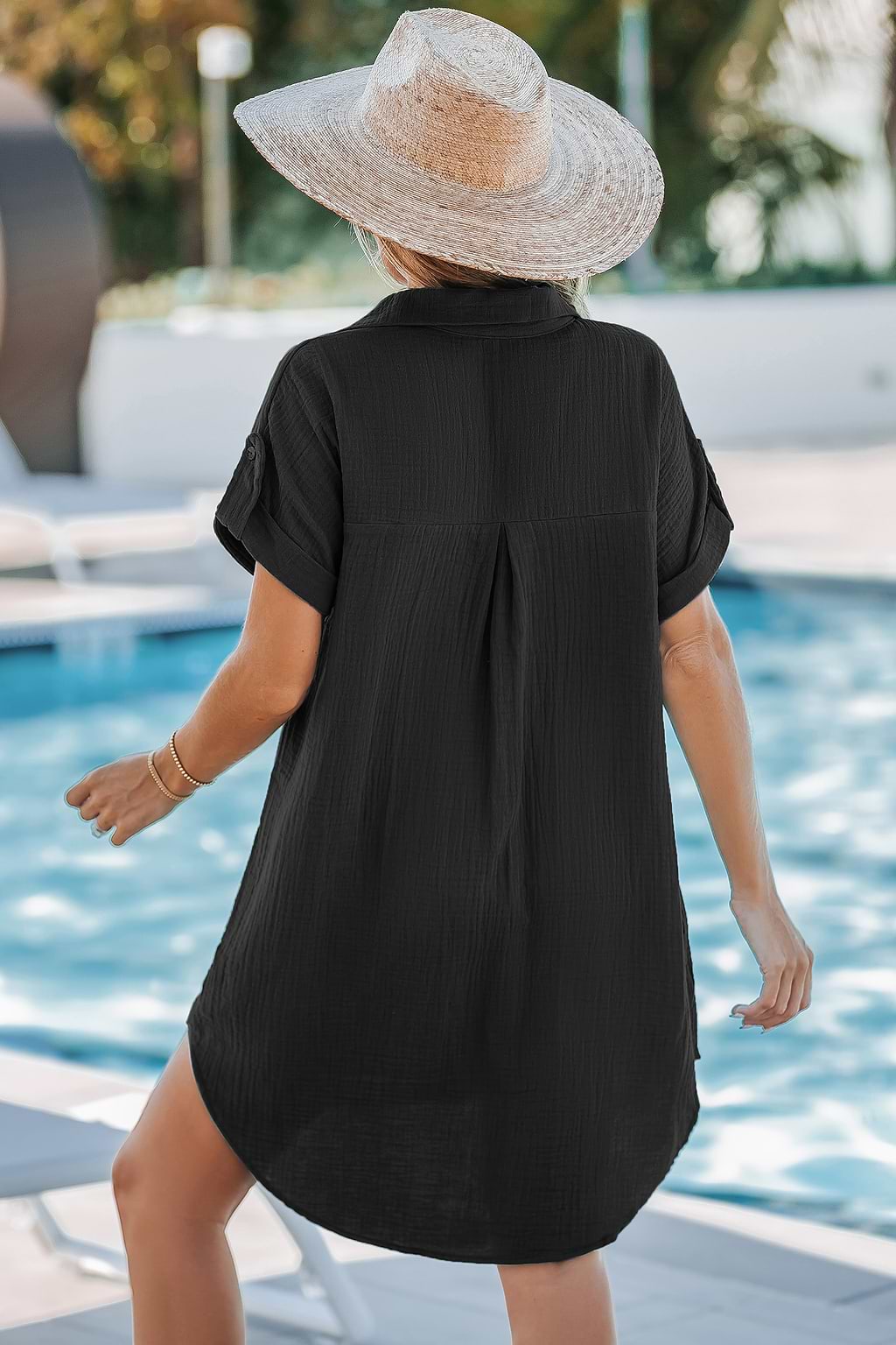 Black Cotton Collared Button-Up Mini Dress