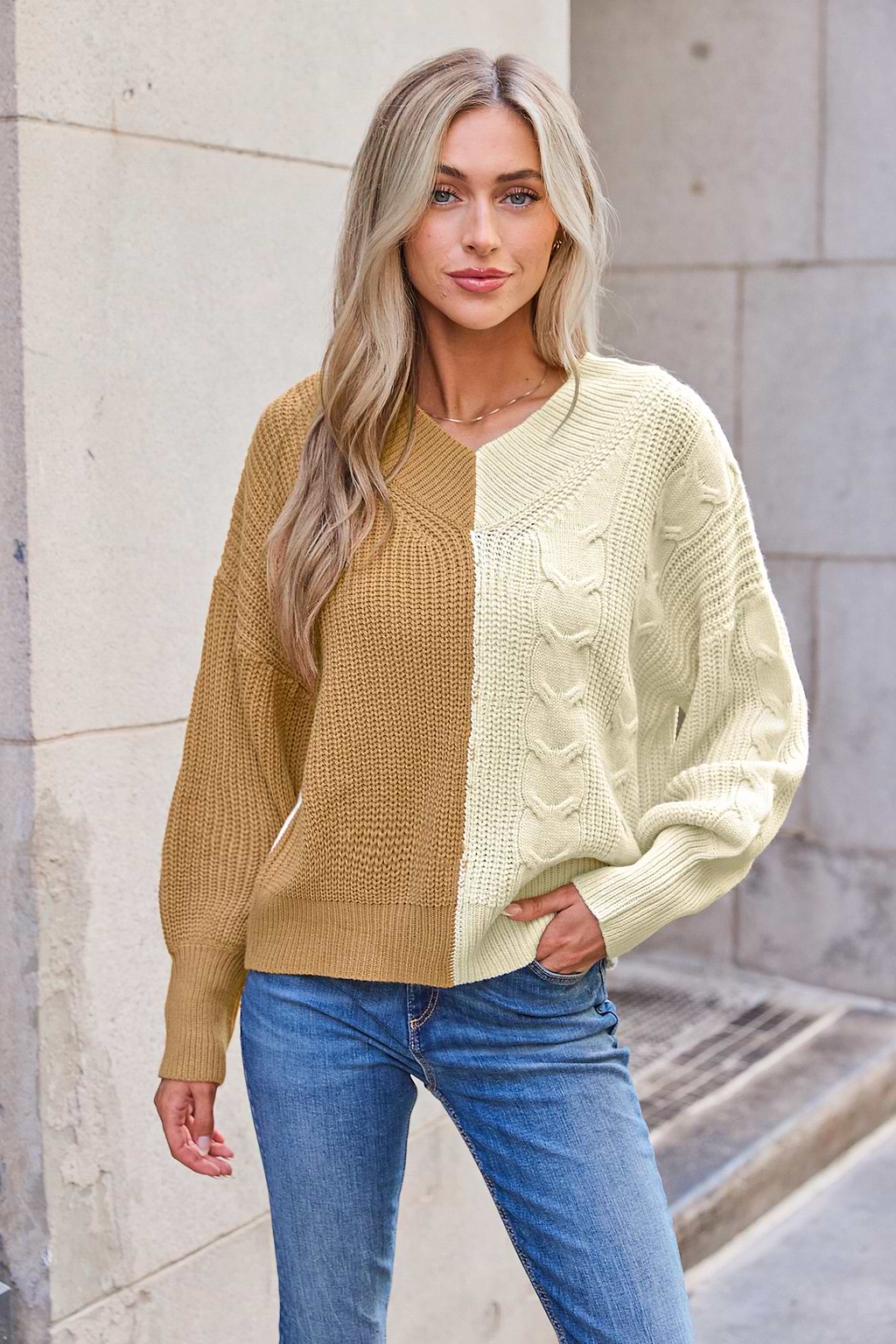 Neutral Colorblock Puff Sleeve Cable Knit Sweater