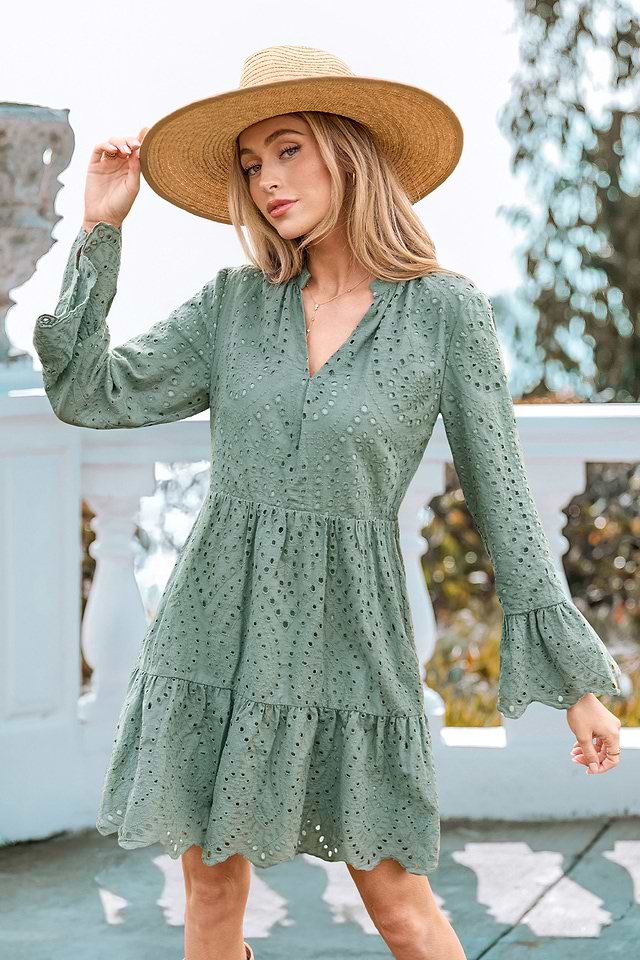 floral lace mini dress Round Neck Flare Sleeve Mini Dress Green / S