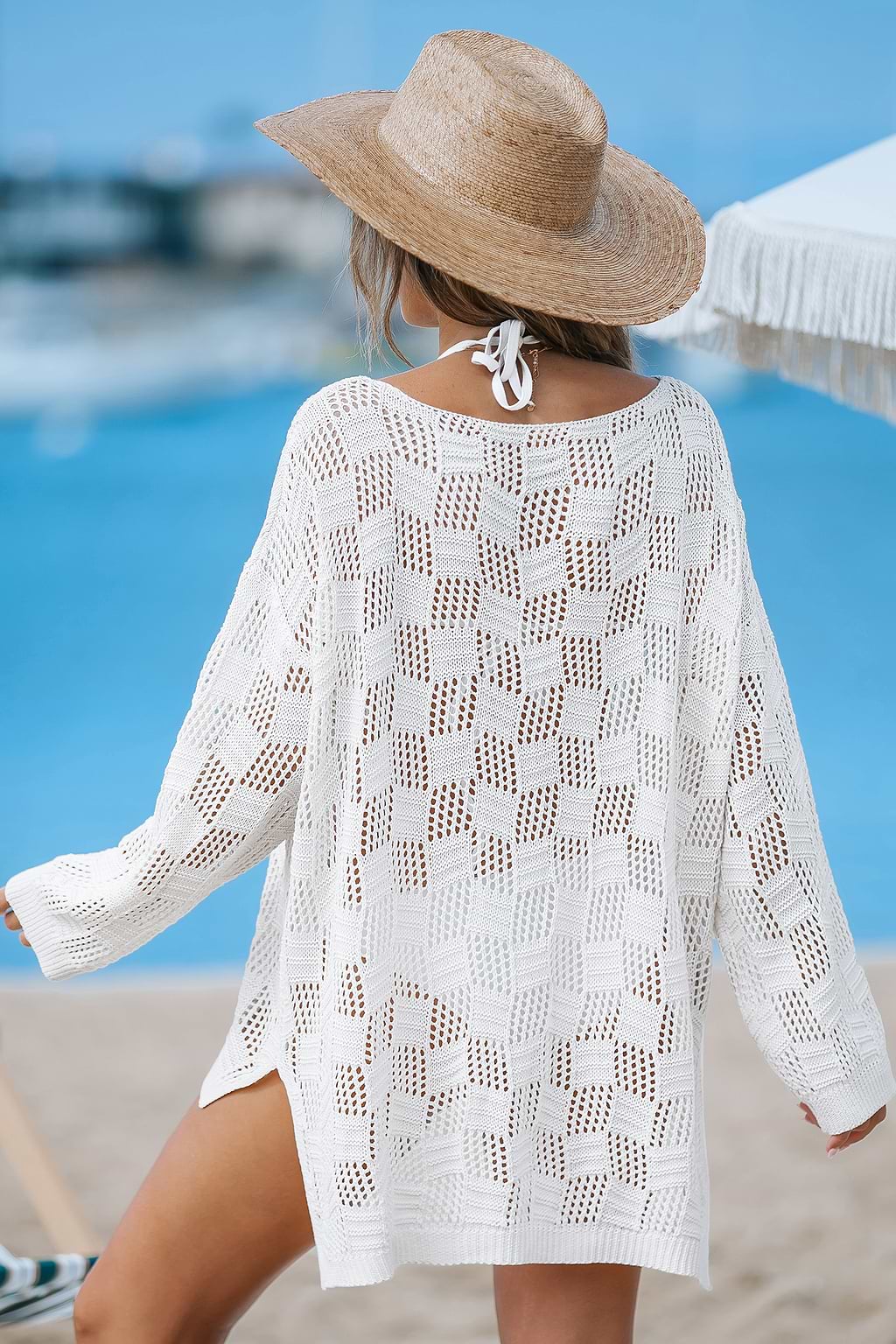 White Open Knit Long Sleeve Cover-Up