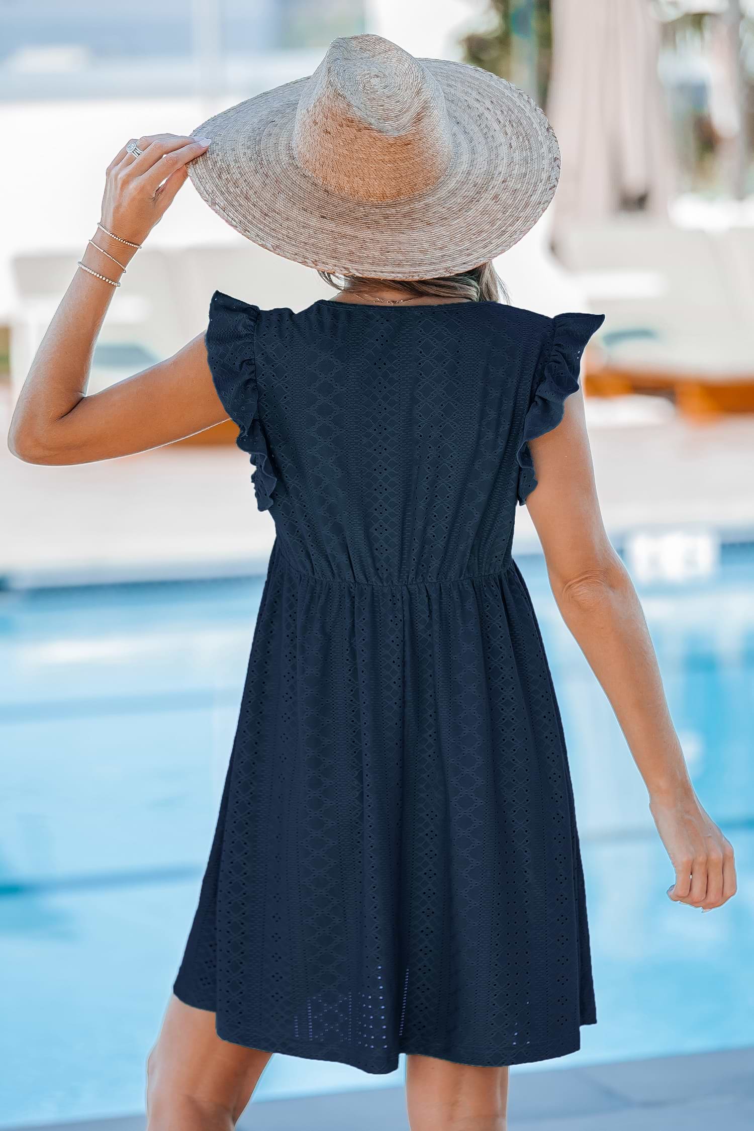 Navy Flutter Sleeve V-Neck Mini Cover-up Dress