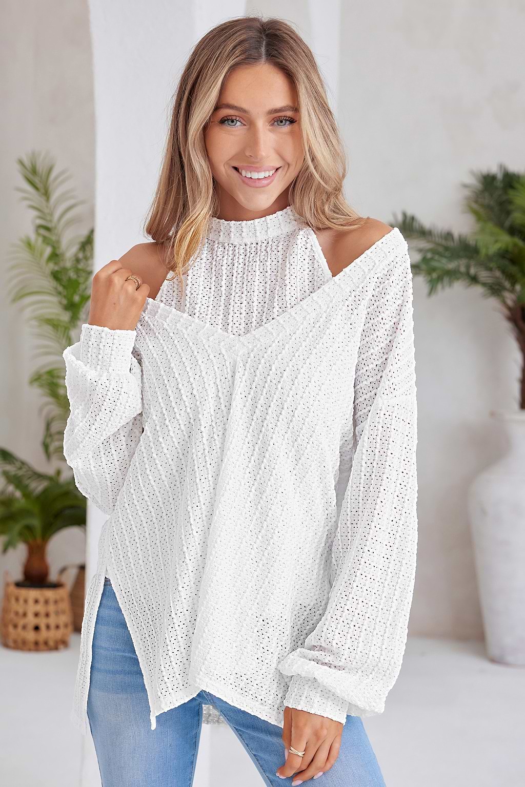 White High Neck Puff Sleeve Knit Top Set