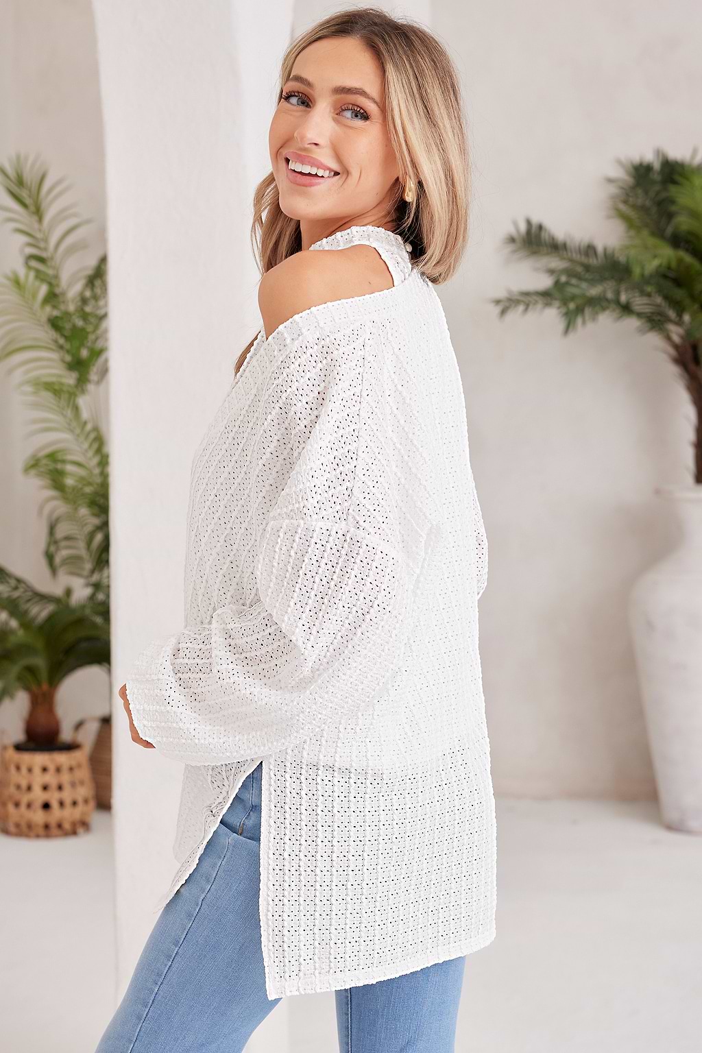 White High Neck Puff Sleeve Knit Top Set