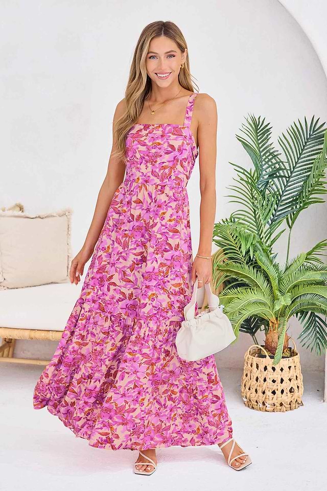 chinese dress ladies Floral square neck smocked short sleeve maxi summer dress