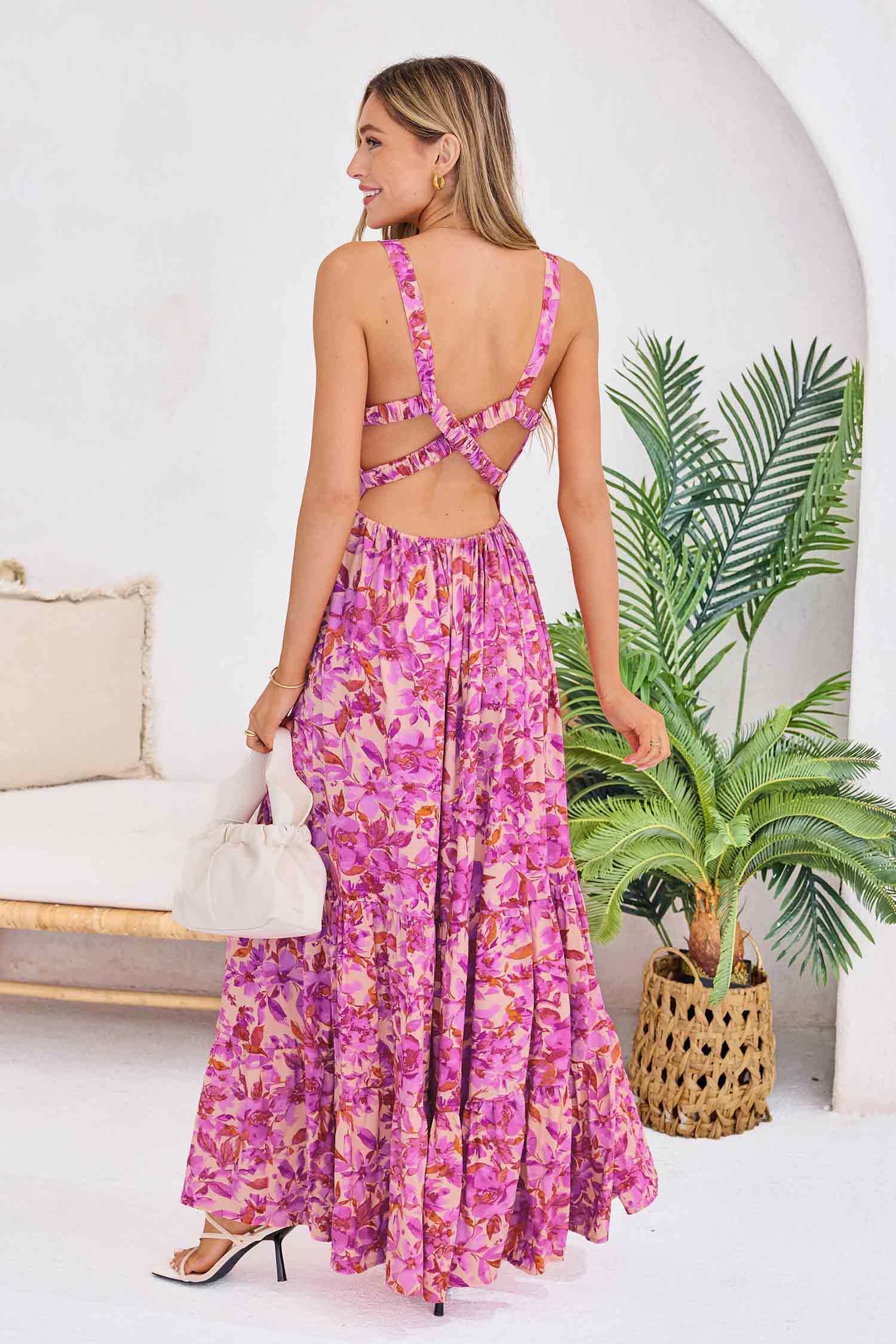 Vestido largo sin mangas con escote cuadrado y estampado floral