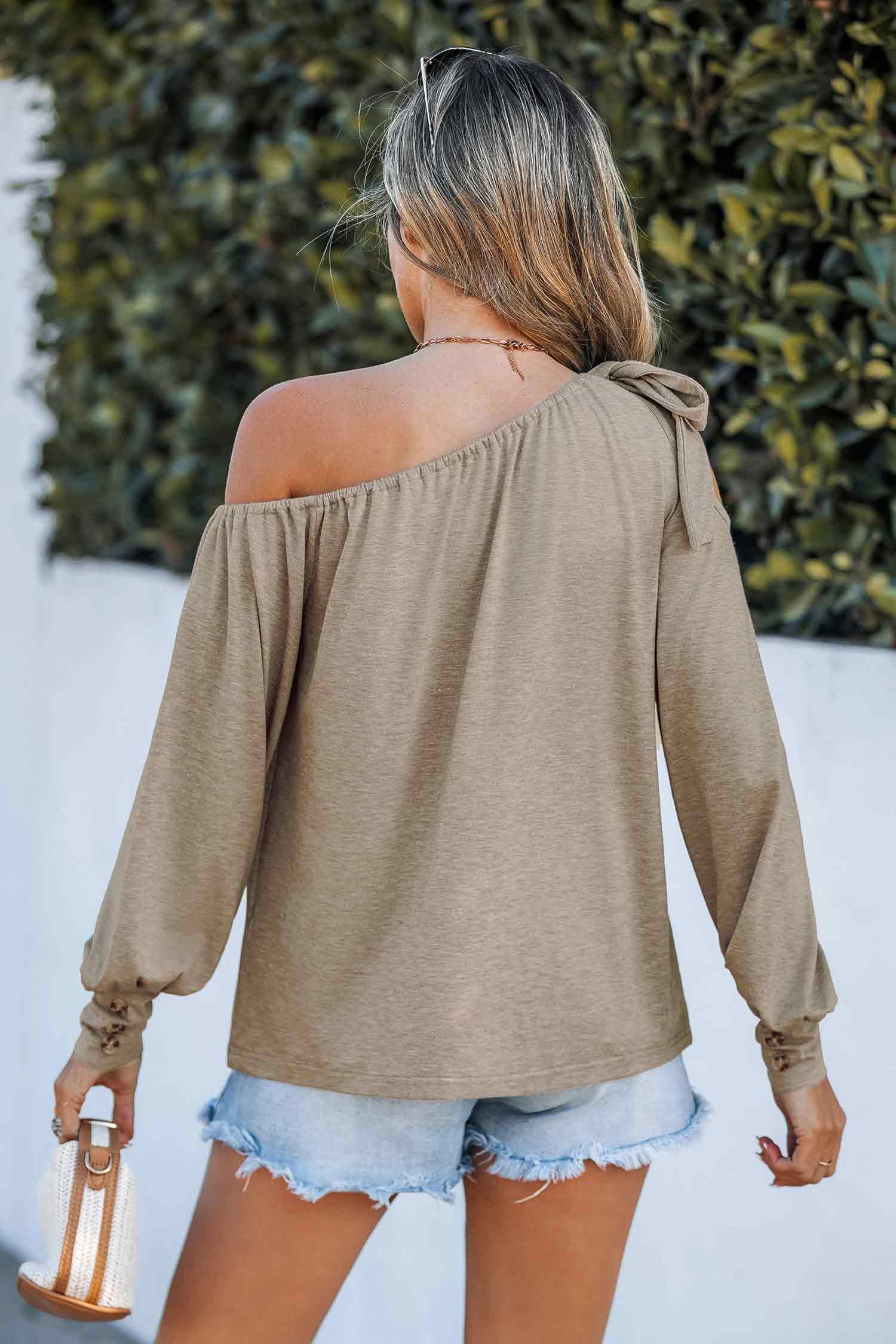 Taupe Bow Off-Shoulder Long Sleeve Tee