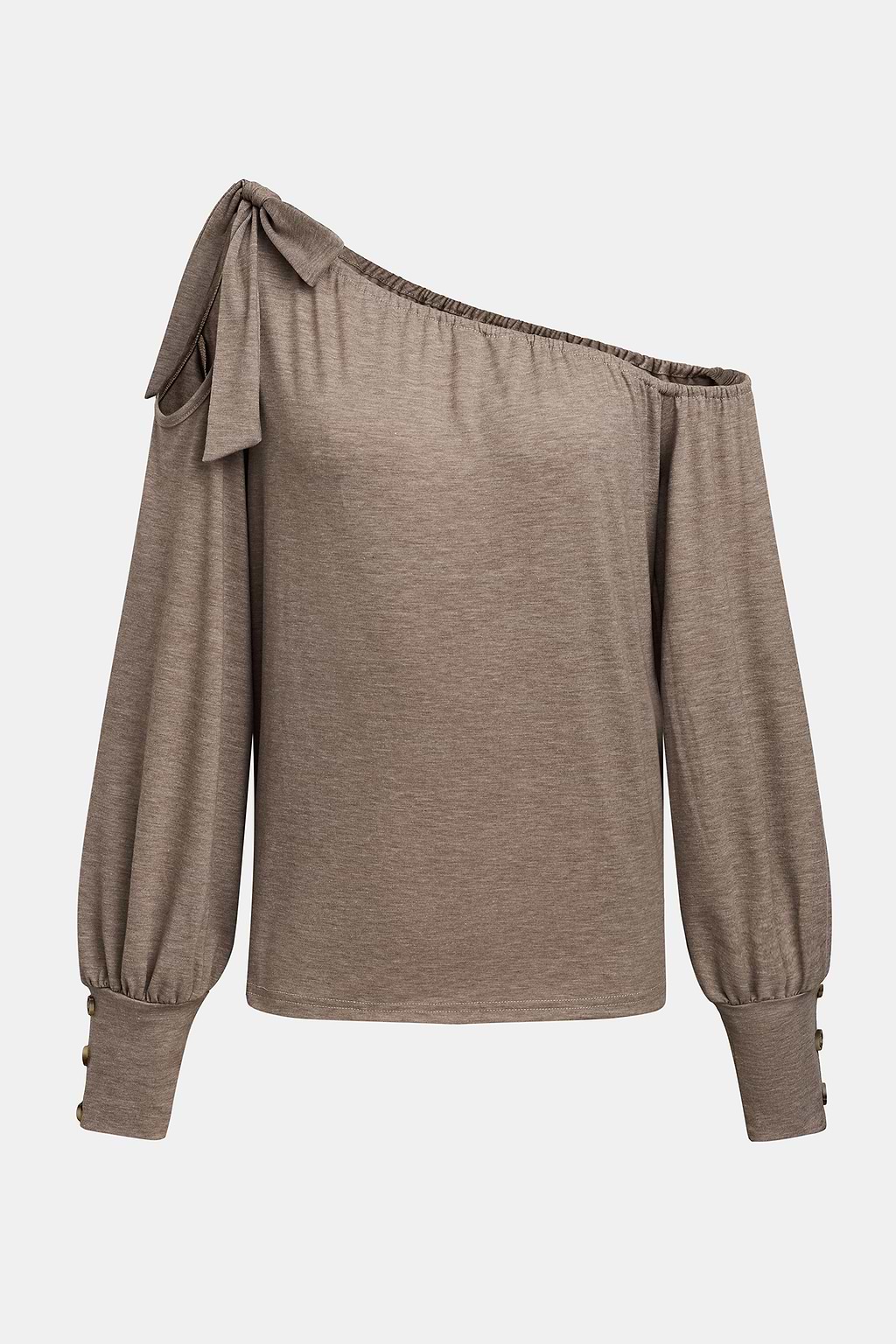 Taupe Bow Off-Shoulder Long Sleeve Tee