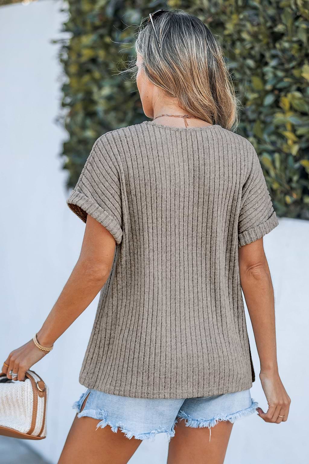 Grey V-Neck Short Sleeve Jersey Top
