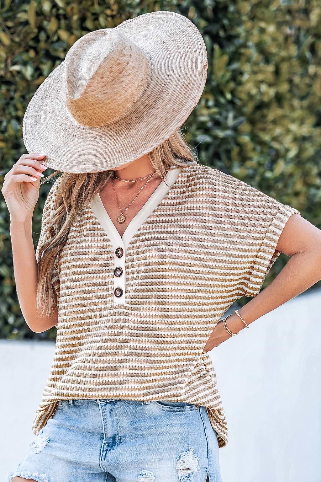 Striped V-Neck Front Button Jersey Top