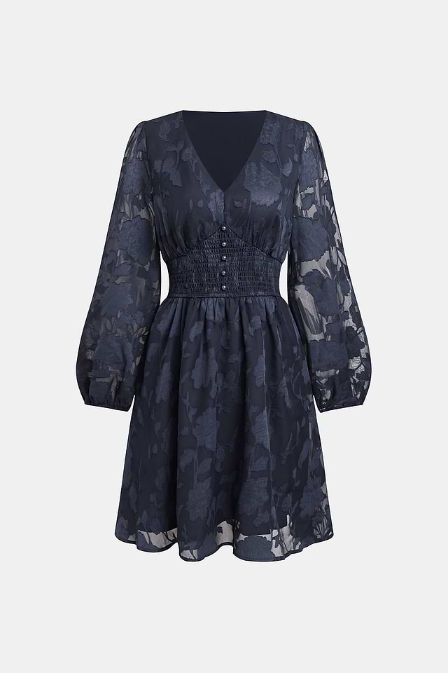 Navy Floral Sheer Long Sleeve Mini Dress