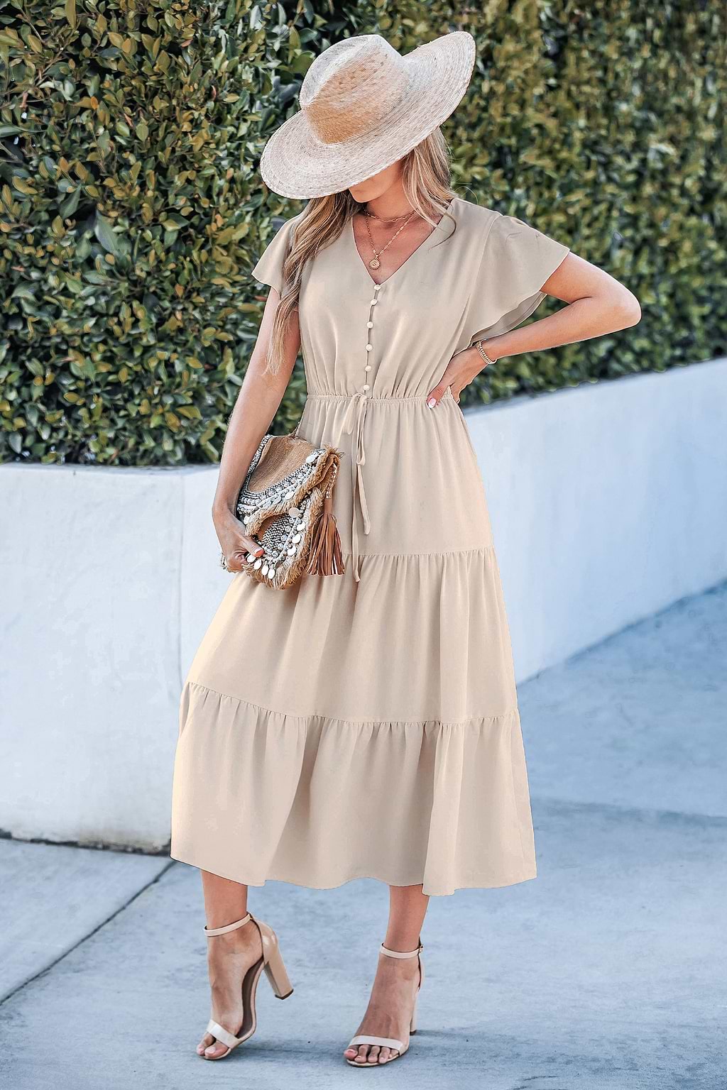 Beige Ruffled Drawstring Midi Dress