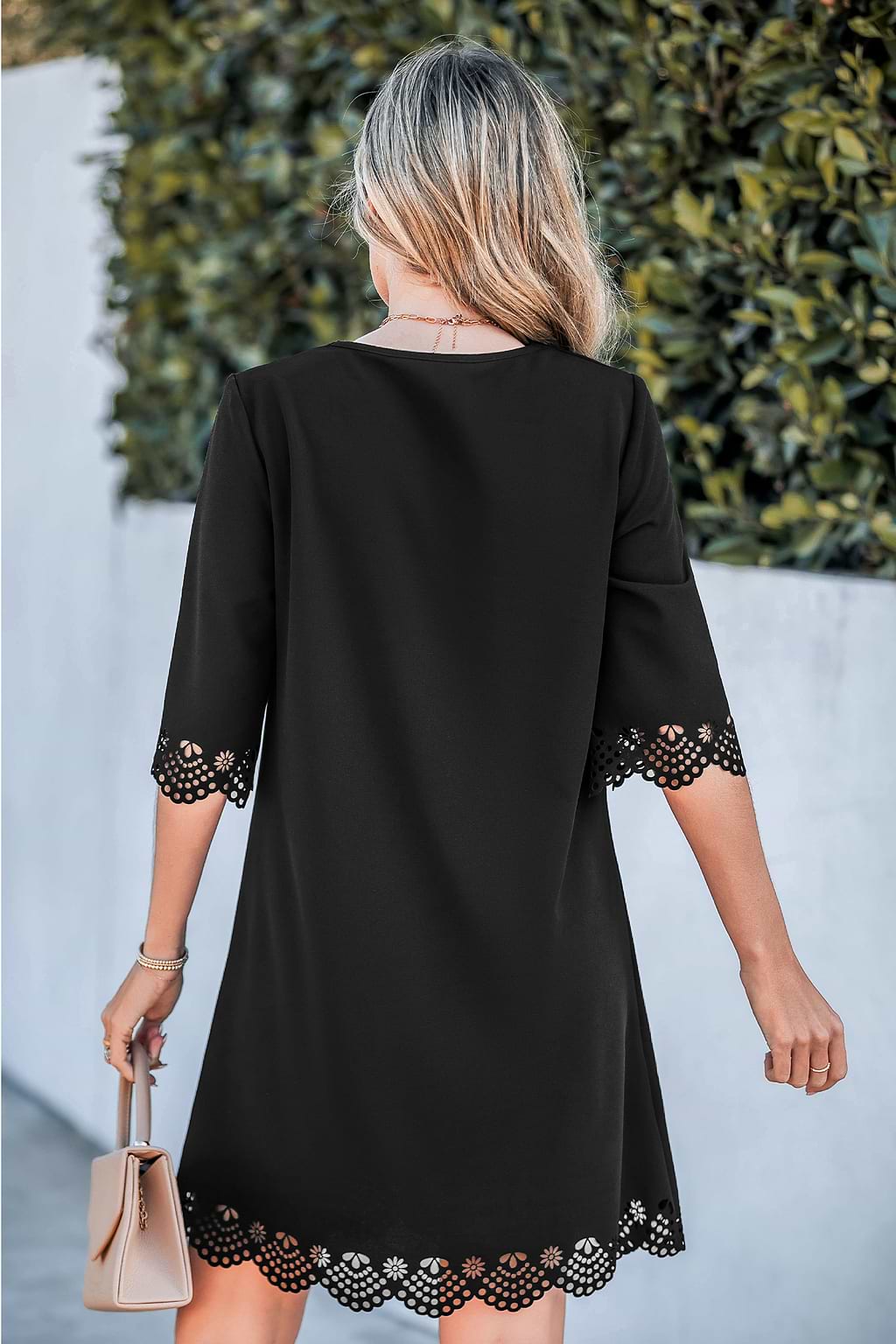 Black Half Sleeve Scalloped Mini Dress