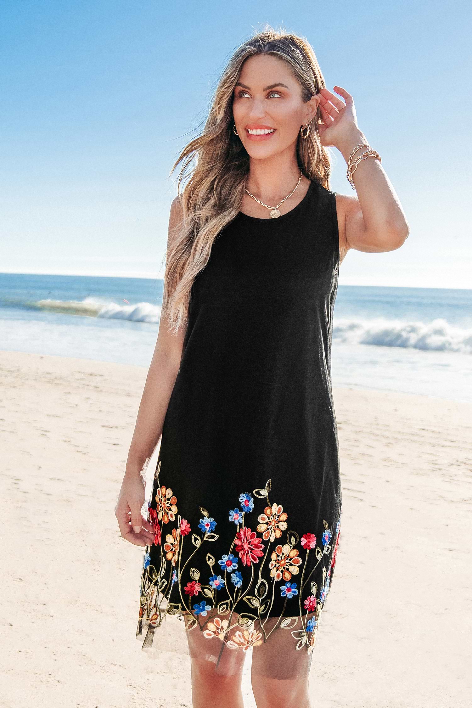 Black Sleeveless Floral Embroidered Hem Mini Dress | Cupshe