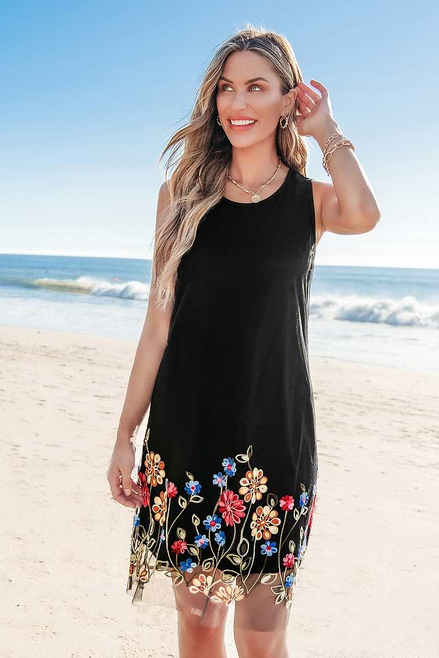 Black Sleeveless Floral Embroidered Hem Mini Dress | Elegant Summer Style |  Cupshe
