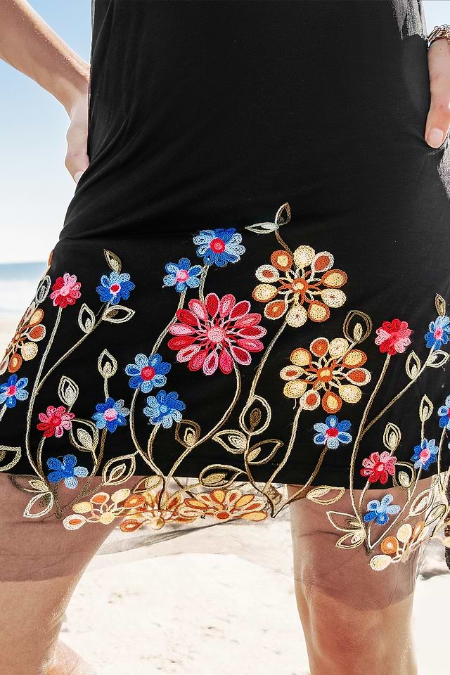 knee length dresses for ladies Black Floral Embroidered Long Sleeve Mini Dress main image 1