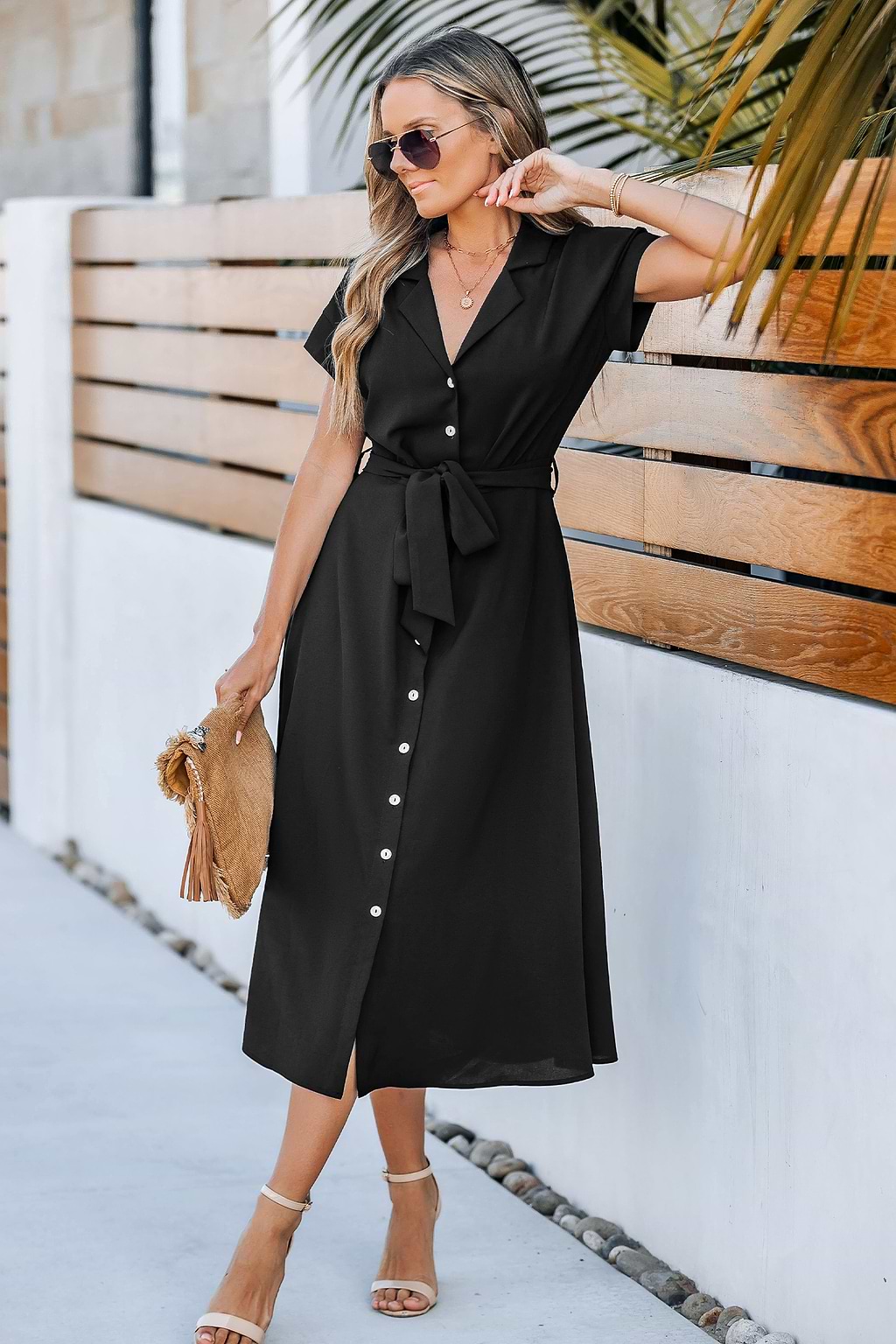 Black Collared Front Button Midi Dress
