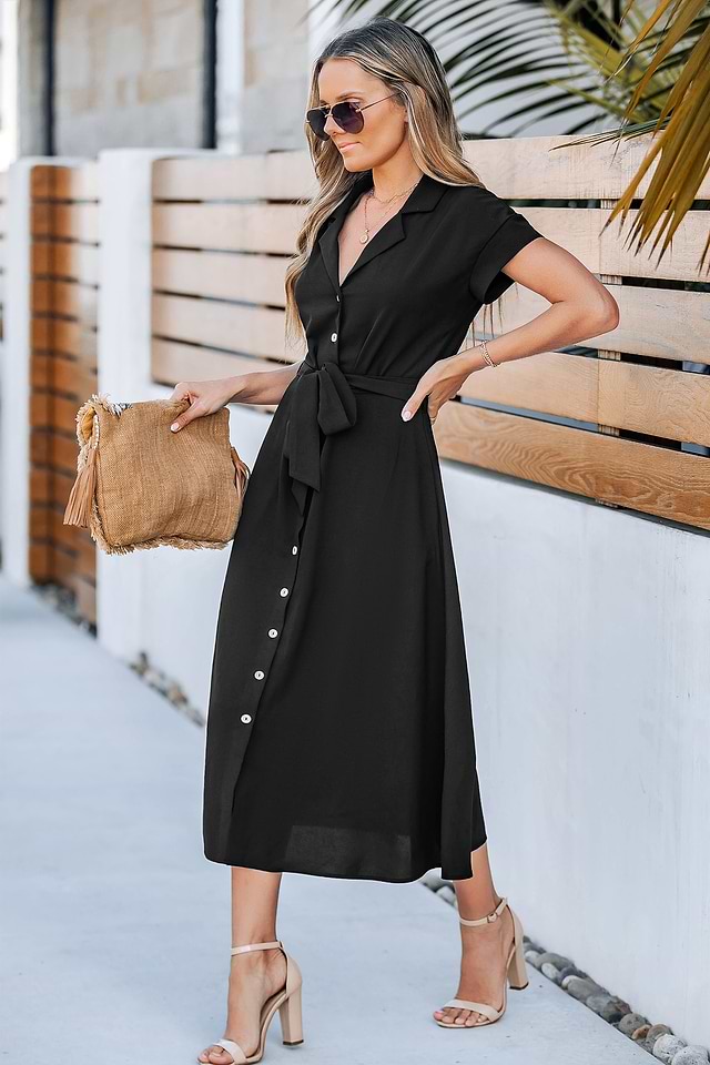 midi monteau button down dress black Matteau Shirred Plunge Button Dress - Black