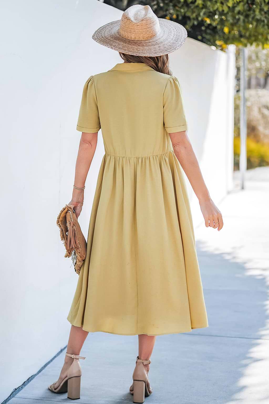 Yellow V-Neck Front Button Midi Dress
