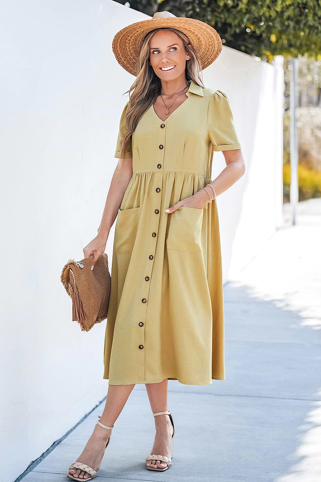 Yellow V-Neck Front Button Midi Dress