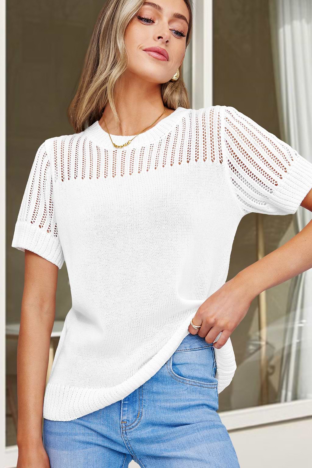 Weißes Cutout Rundhals Strick-Kurzarm-Top