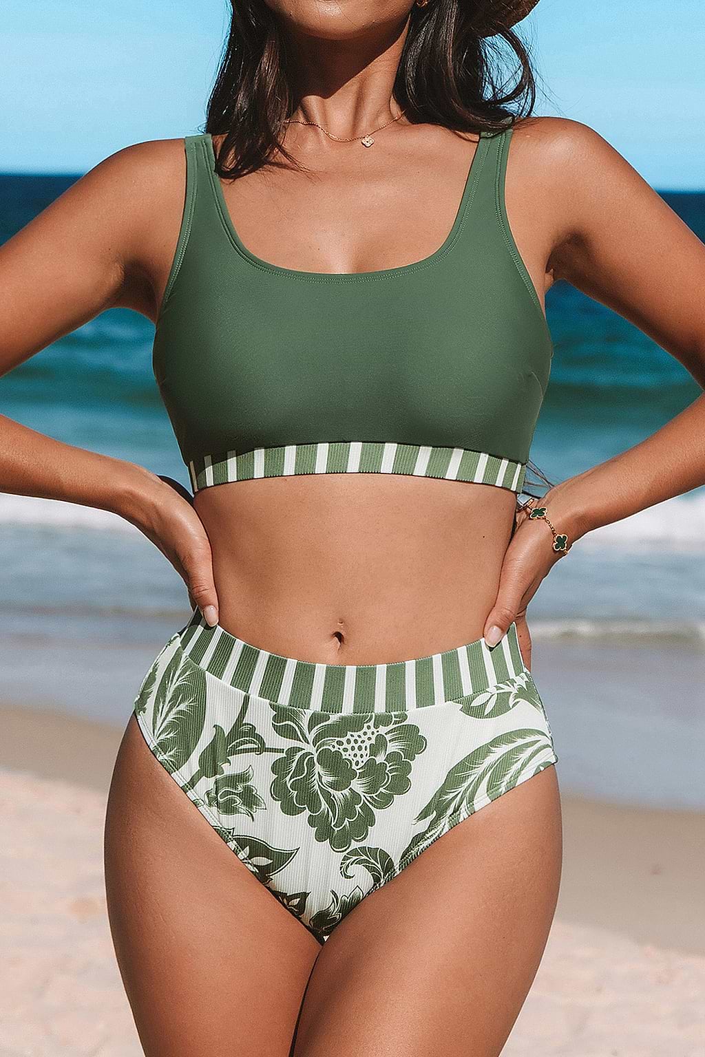 Green Bikini Bralette & High-Waisted Striped Floral Bottoms Set