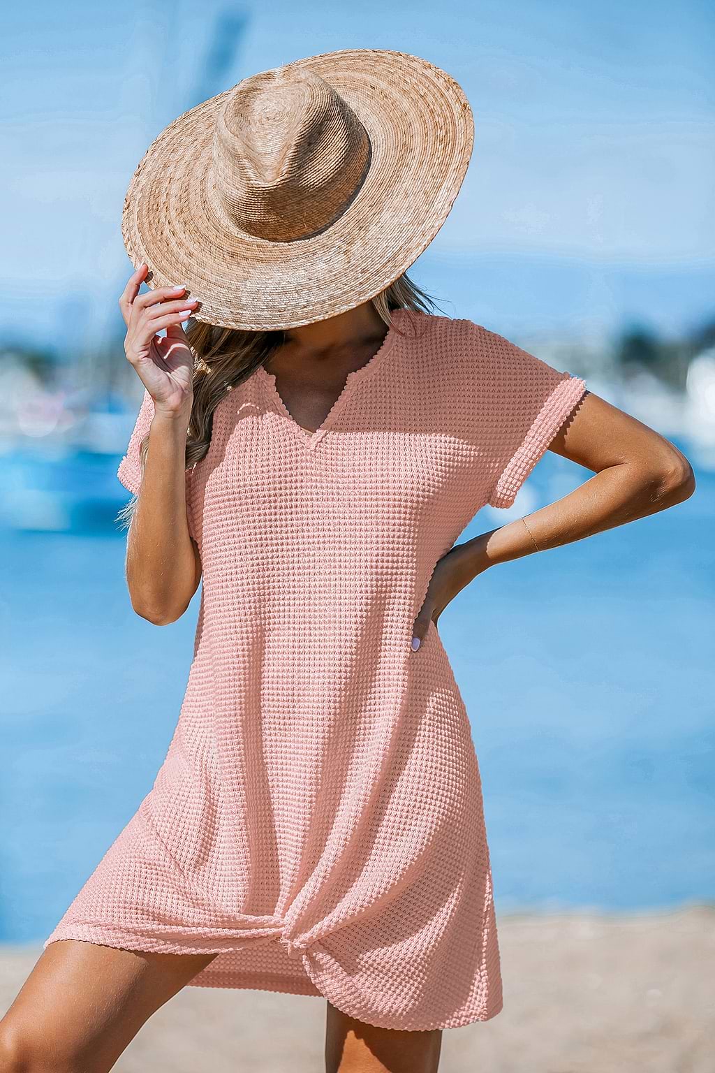 Pink Notched Neck Short Sleeve Mini Cover-Up