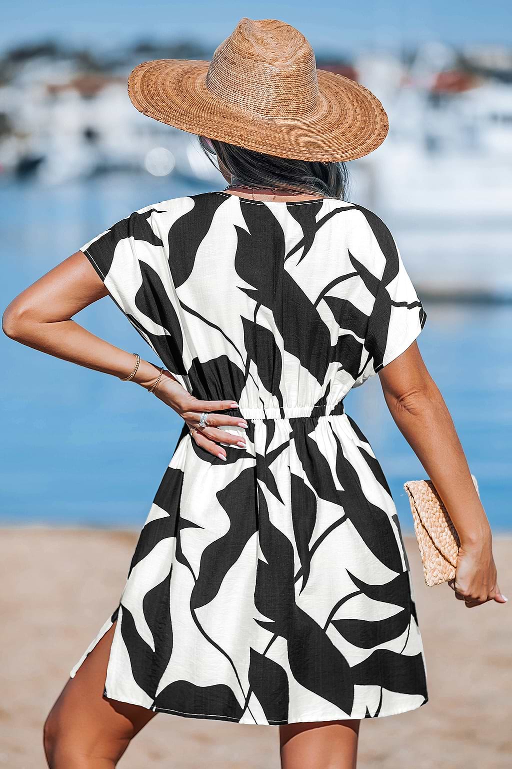 Black & White Abstract Short Sleeve Mini Cover-Up