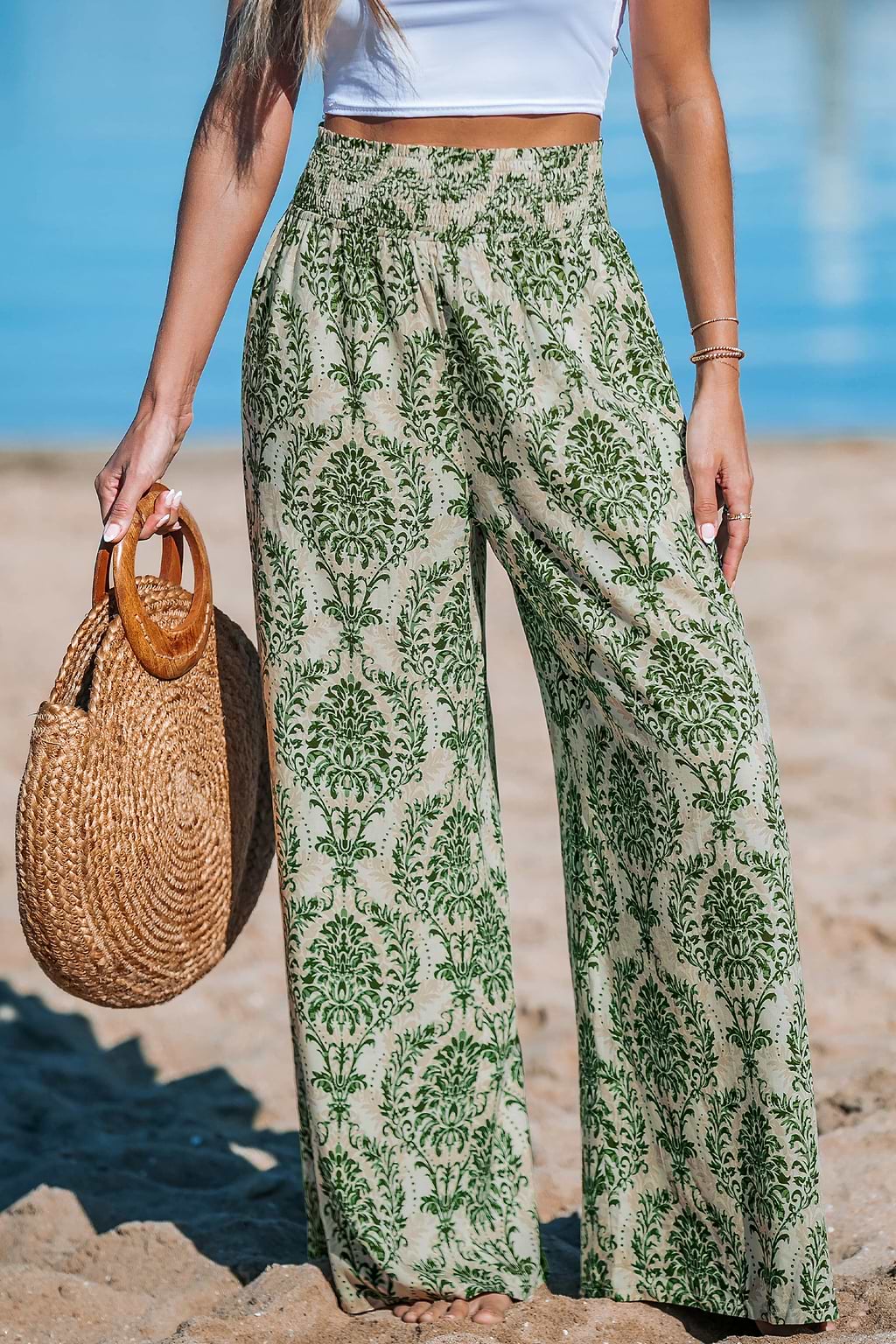 Green Damask Wide Leg Pants
